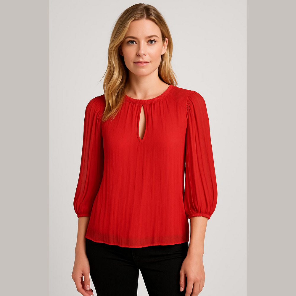 Zara Chiffon Pleated Keyhole Red Blouse